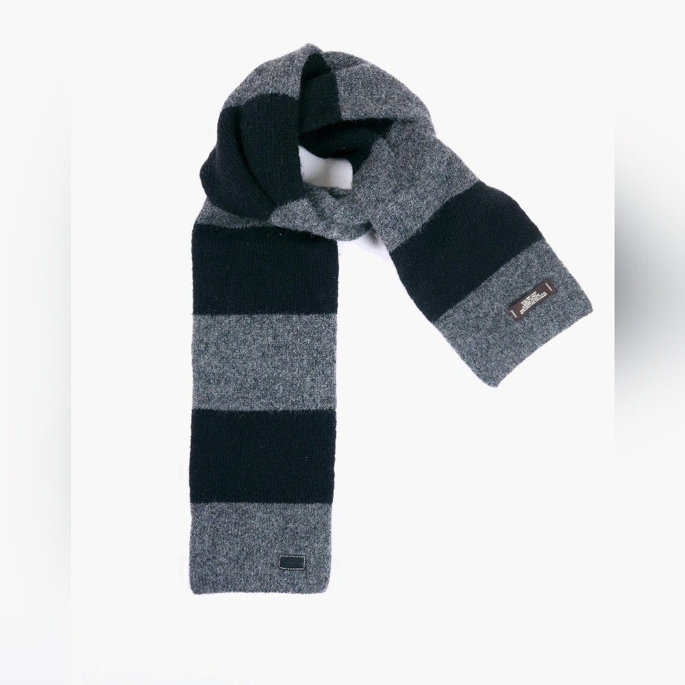 Coach Black And Gray 100% Wool Knit Winter Striped Scarf Preppy